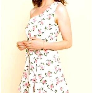 Francesca’s Miami XS Ivory One Shoulder Rose Print Sloneshoul Mini Dress NWT